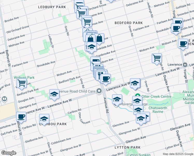 map of restaurants, bars, coffee shops, grocery stores, and more near 312 Douglas Avenue in Toronto