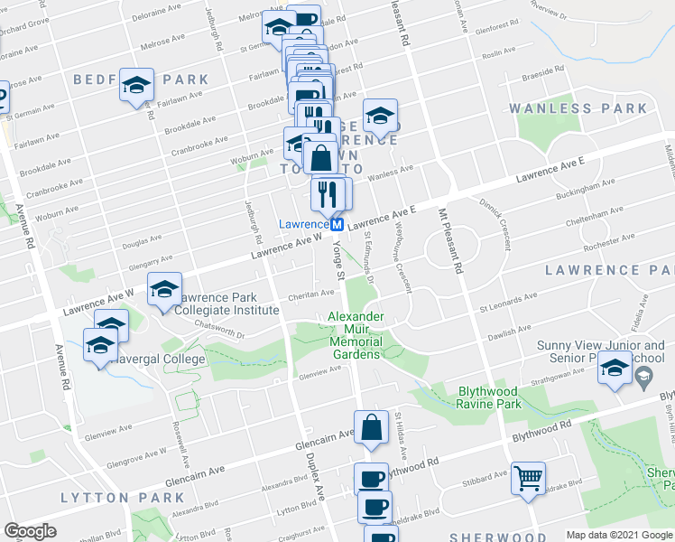 map of restaurants, bars, coffee shops, grocery stores, and more near 3000 Yonge Street in Toronto