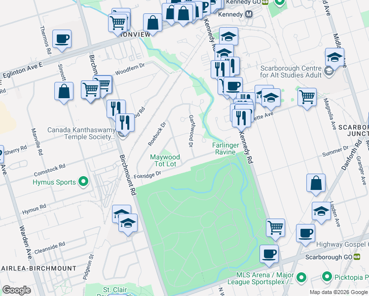 map of restaurants, bars, coffee shops, grocery stores, and more near 10 Garthwood Drive in Toronto