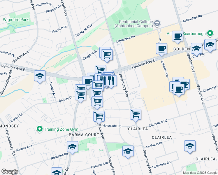 map of restaurants, bars, coffee shops, grocery stores, and more near 1 Eglinton Square in Toronto