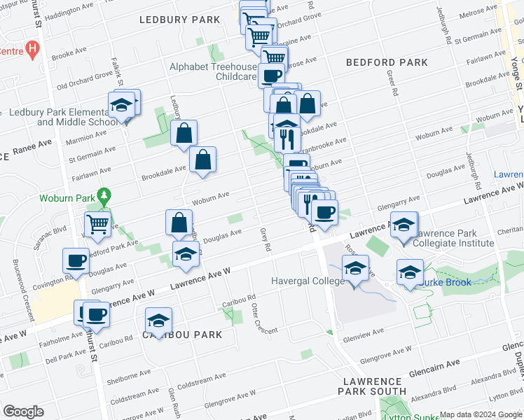 map of restaurants, bars, coffee shops, grocery stores, and more near 405 Bedford Park Avenue in Toronto