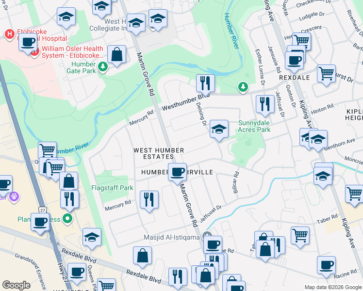 map of restaurants, bars, coffee shops, grocery stores, and more near 9 Guiness Avenue in Toronto