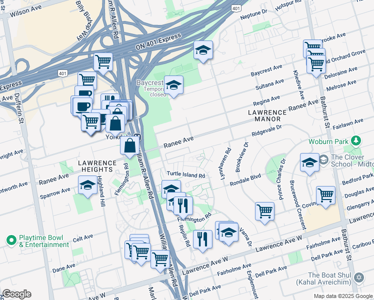 map of restaurants, bars, coffee shops, grocery stores, and more near in Toronto