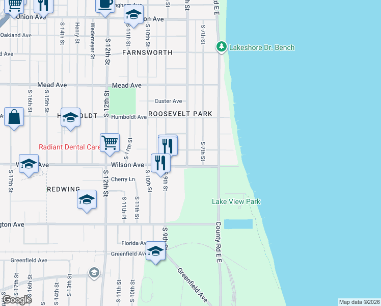map of restaurants, bars, coffee shops, grocery stores, and more near 2915 South 8th Street in Sheboygan