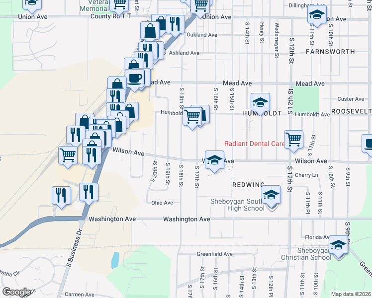 map of restaurants, bars, coffee shops, grocery stores, and more near 2919 South 18th Street in Sheboygan