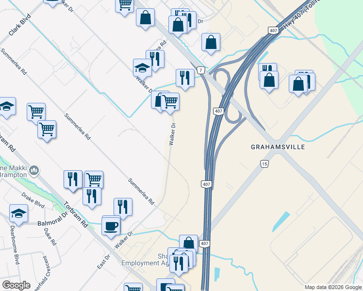 map of restaurants, bars, coffee shops, grocery stores, and more near 89 Walker Drive in Brampton