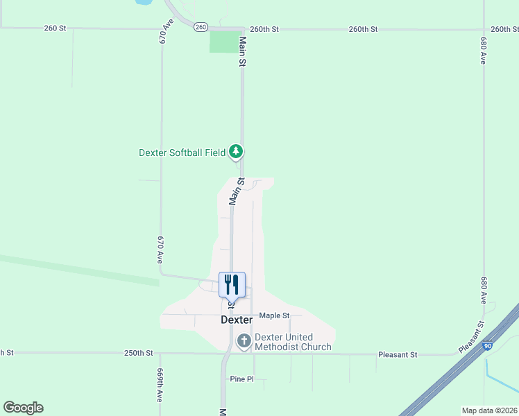 map of restaurants, bars, coffee shops, grocery stores, and more near 281 North Pine Street in Dexter