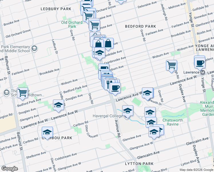 map of restaurants, bars, coffee shops, grocery stores, and more near 1566 Avenue Road in Toronto