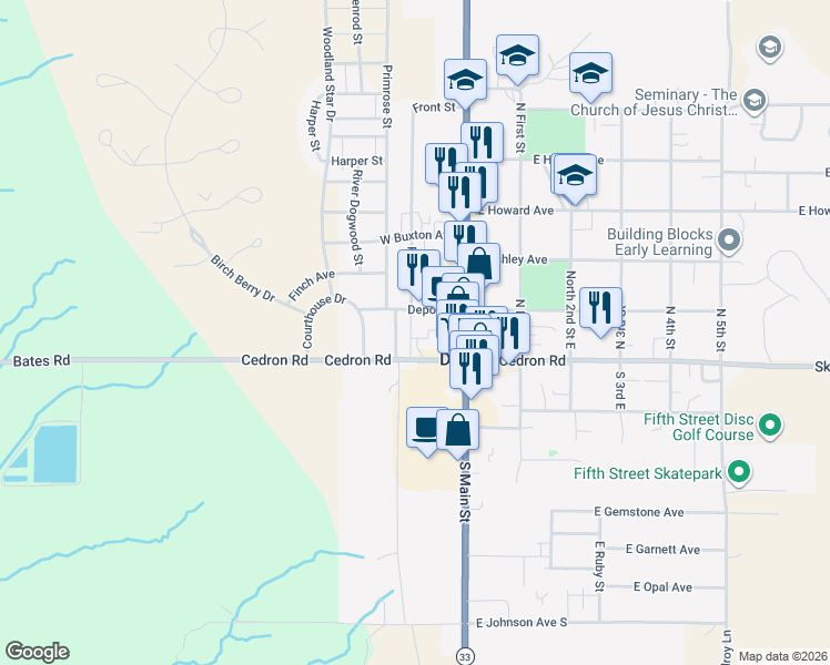 map of restaurants, bars, coffee shops, grocery stores, and more near 105 Depot Street in Driggs