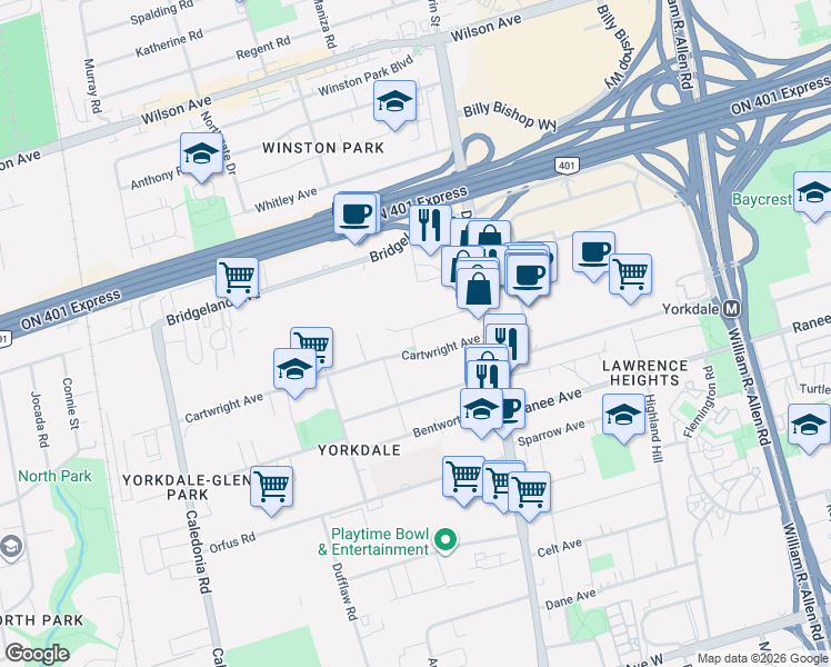 map of restaurants, bars, coffee shops, grocery stores, and more near 29 Jane Osler Boulevard in Toronto