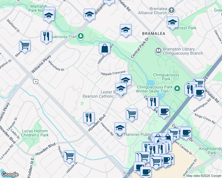 map of restaurants, bars, coffee shops, grocery stores, and more near 23 Hector Court in Brampton