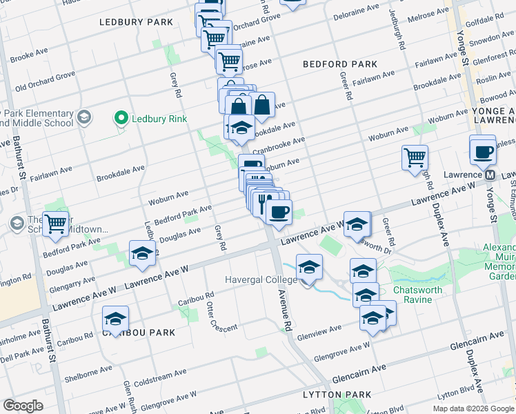 map of restaurants, bars, coffee shops, grocery stores, and more near 1566 Avenue Road in Toronto