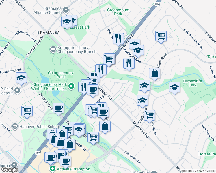map of restaurants, bars, coffee shops, grocery stores, and more near in Brampton