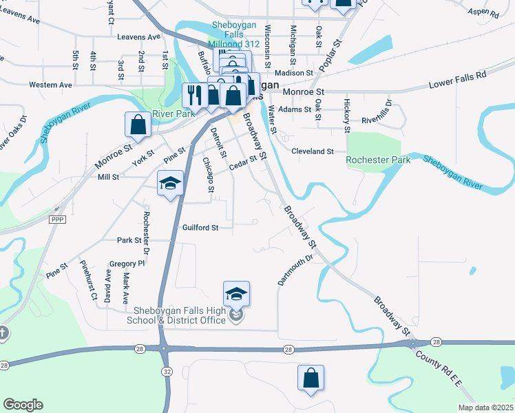 map of restaurants, bars, coffee shops, grocery stores, and more near 200 Hill Crest Court in Sheboygan Falls