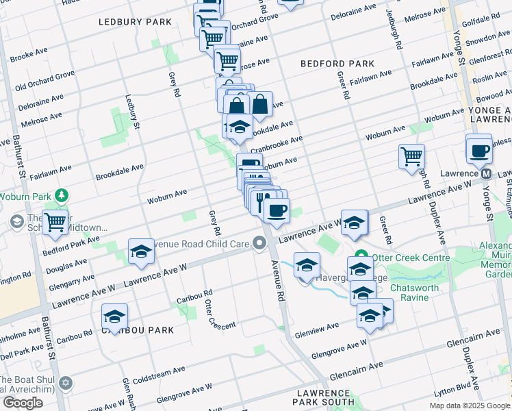 map of restaurants, bars, coffee shops, grocery stores, and more near 1558 Avenue Road in Toronto