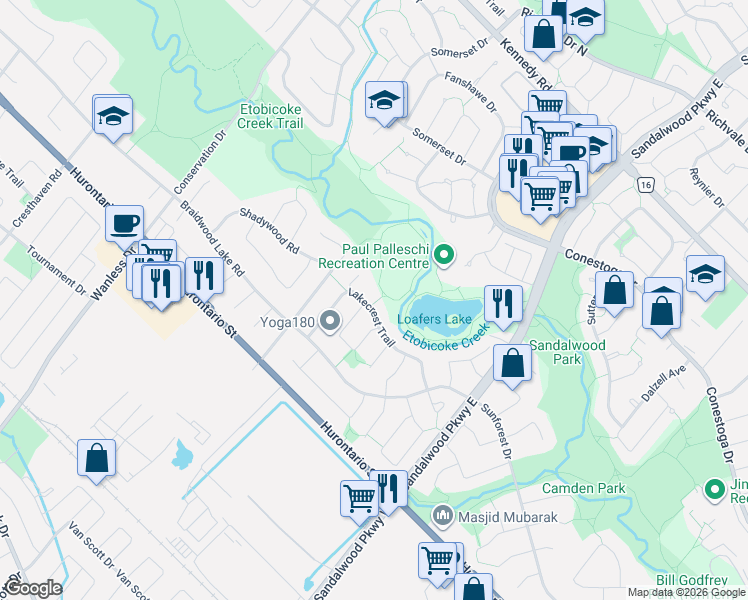 map of restaurants, bars, coffee shops, grocery stores, and more near 44 Lakecrest Trail in Brampton