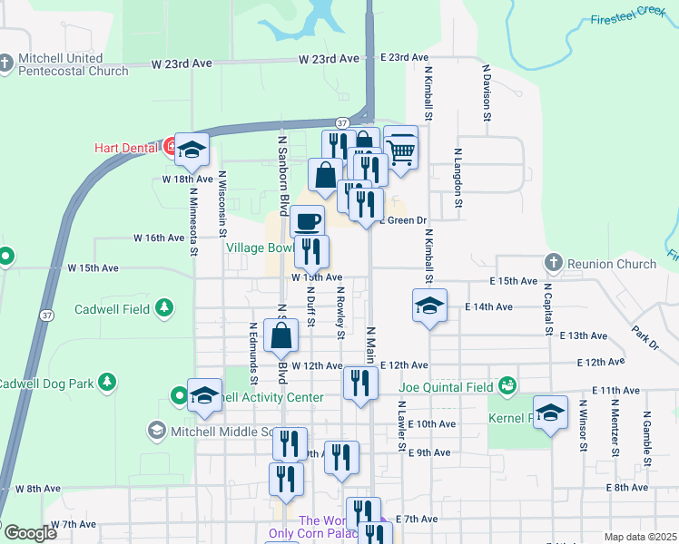 map of restaurants, bars, coffee shops, grocery stores, and more near 206 West 15th Avenue in Mitchell