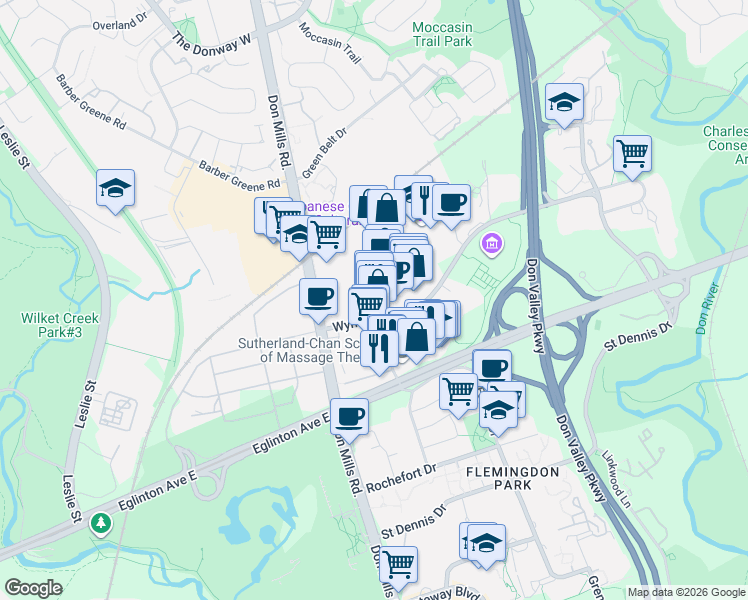 map of restaurants, bars, coffee shops, grocery stores, and more near 18 Wynford Drive in Toronto