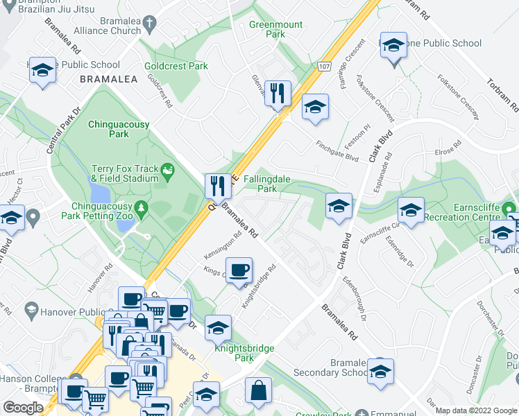 map of restaurants, bars, coffee shops, grocery stores, and more near 216 Gates of Bramalea in Brampton