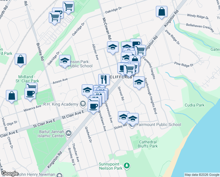 map of restaurants, bars, coffee shops, grocery stores, and more near in Toronto