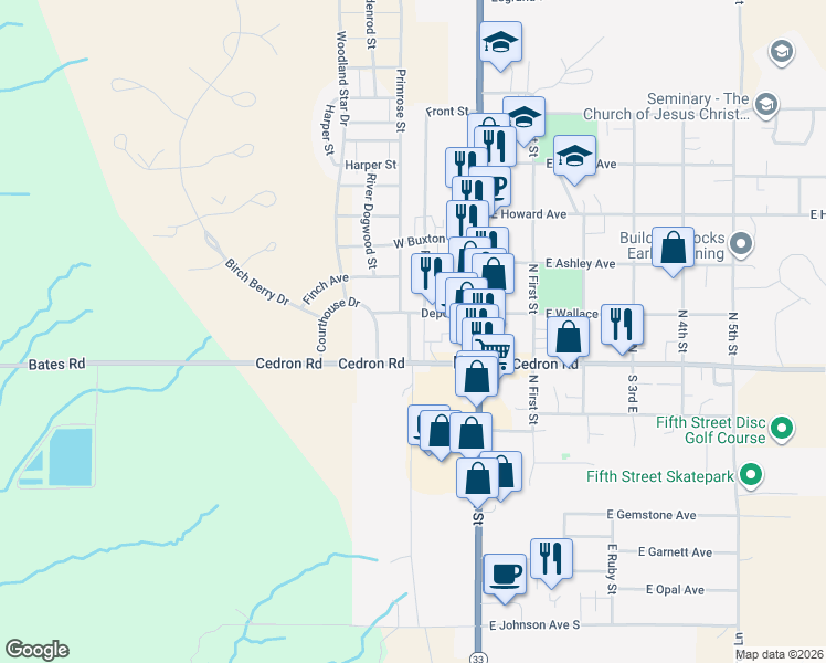 map of restaurants, bars, coffee shops, grocery stores, and more near 33 Courthouse Drive in Driggs