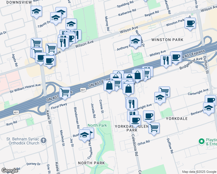 map of restaurants, bars, coffee shops, grocery stores, and more near 304 Bridgeland Avenue in Toronto