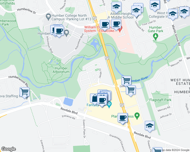 map of restaurants, bars, coffee shops, grocery stores, and more near 25 Pedigree Mews in Toronto