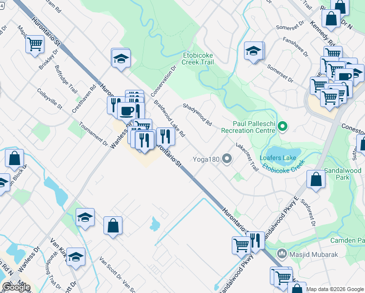 map of restaurants, bars, coffee shops, grocery stores, and more near 22 Strangway Court in Brampton