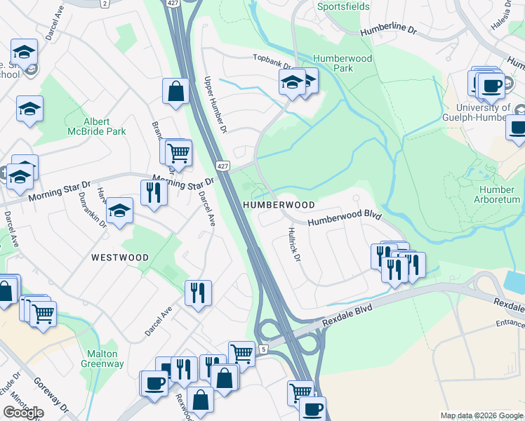 map of restaurants, bars, coffee shops, grocery stores, and more near 63C View Green Crescent in Toronto
