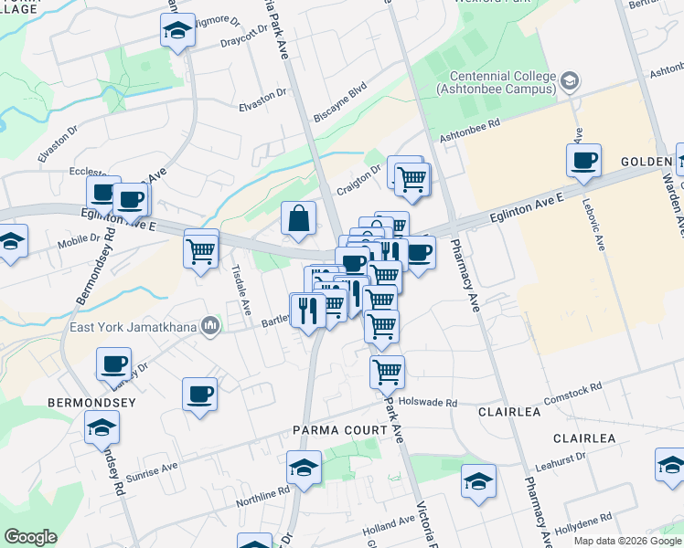 map of restaurants, bars, coffee shops, grocery stores, and more near 1496 Victoria Park Avenue in Toronto