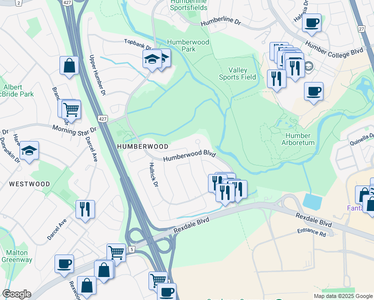 map of restaurants, bars, coffee shops, grocery stores, and more near 25 Westowanis Drive in Toronto