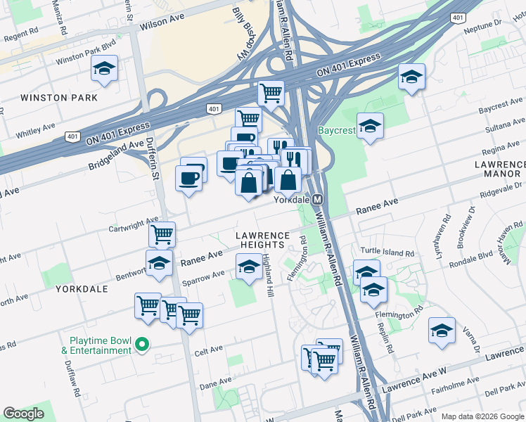 map of restaurants, bars, coffee shops, grocery stores, and more near 6 Alcester Court in Toronto