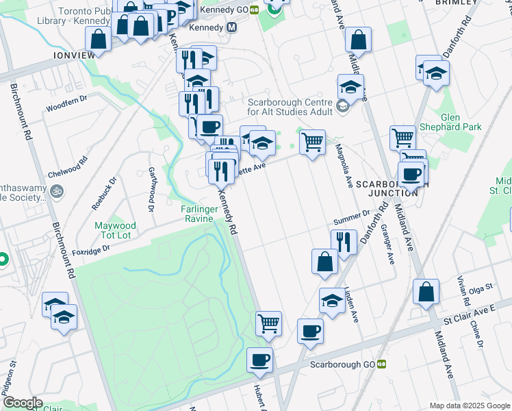map of restaurants, bars, coffee shops, grocery stores, and more near 97 Cleta Drive in Toronto