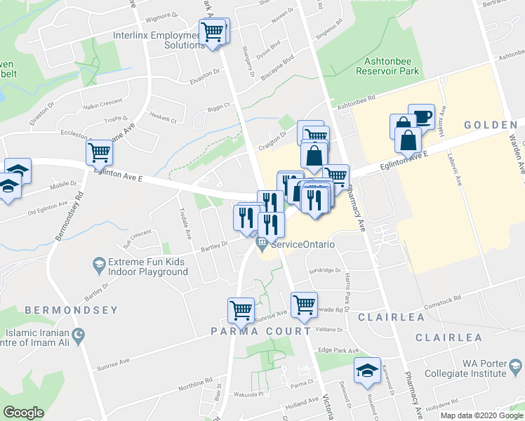 map of restaurants, bars, coffee shops, grocery stores, and more near in Toronto