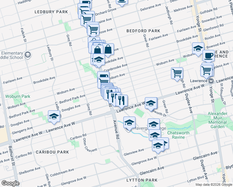 map of restaurants, bars, coffee shops, grocery stores, and more near in Toronto