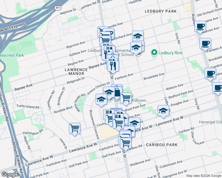 map of restaurants, bars, coffee shops, grocery stores, and more near 3270 Bathurst Street in Toronto
