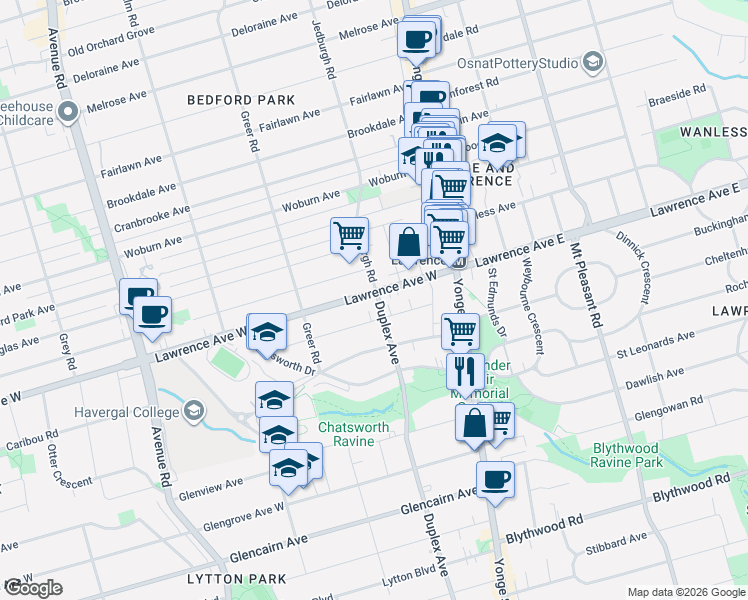map of restaurants, bars, coffee shops, grocery stores, and more near 87 Lawrence Avenue West in Toronto