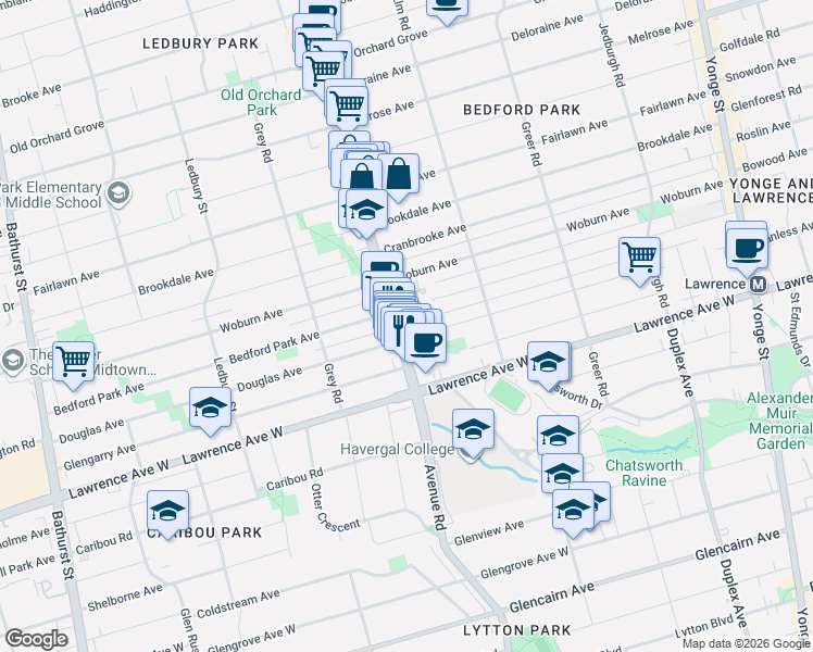 map of restaurants, bars, coffee shops, grocery stores, and more near 1555 Avenue Road in Toronto
