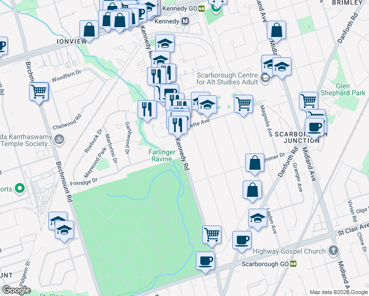 map of restaurants, bars, coffee shops, grocery stores, and more near 593 Kennedy Road in Toronto