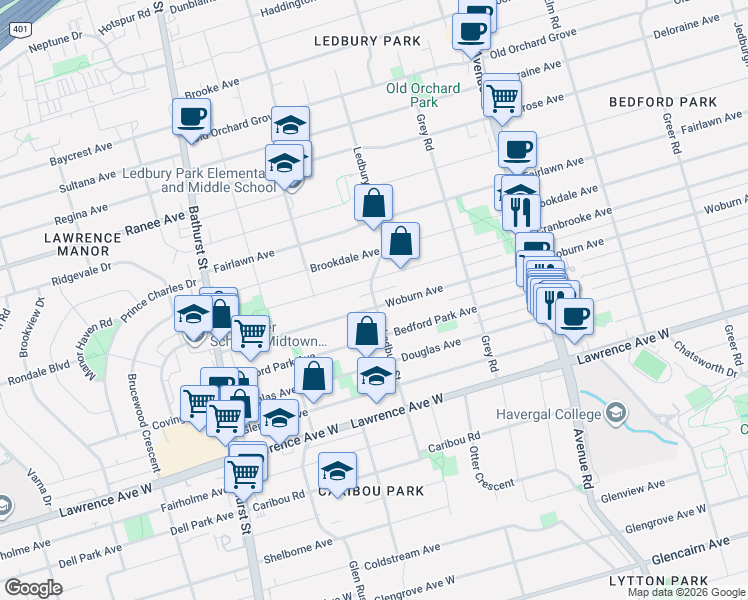 map of restaurants, bars, coffee shops, grocery stores, and more near 594 Woburn Avenue in Toronto