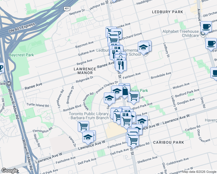 map of restaurants, bars, coffee shops, grocery stores, and more near 73 Prince Charles Drive in Toronto