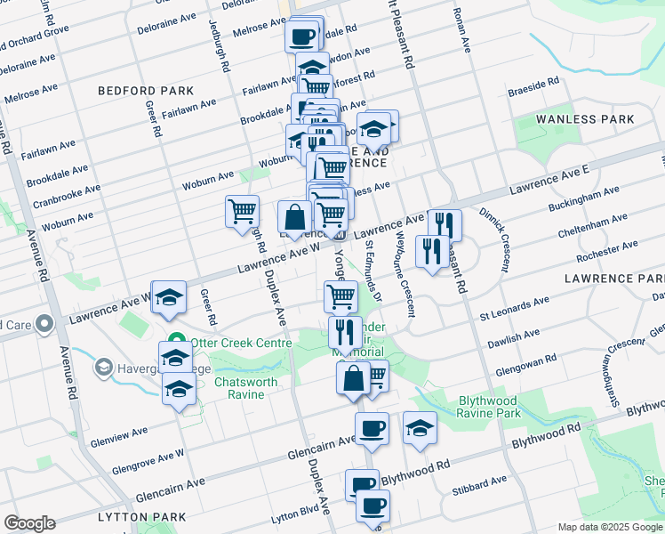 map of restaurants, bars, coffee shops, grocery stores, and more near in Toronto