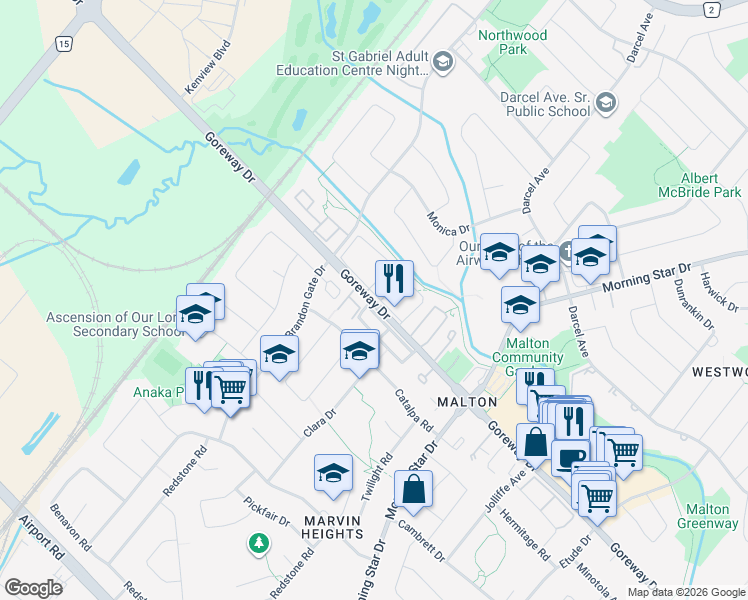 map of restaurants, bars, coffee shops, grocery stores, and more near 7555 Goreway Drive in Mississauga