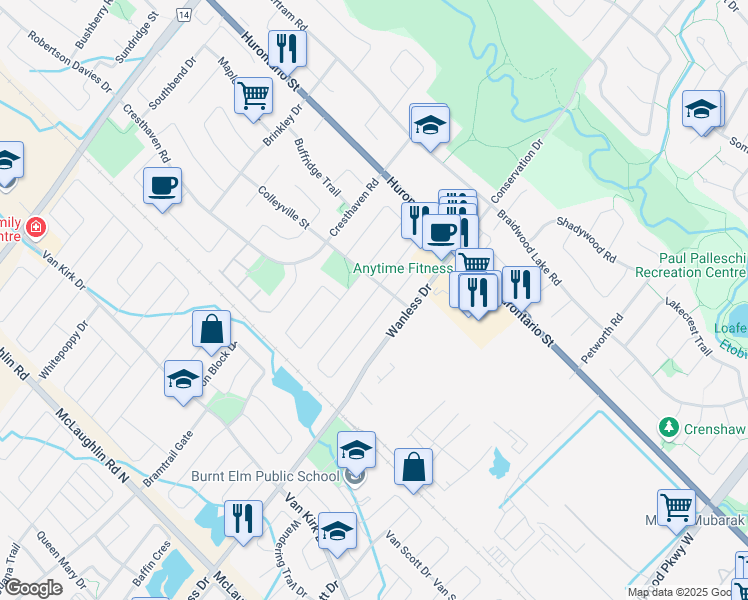 map of restaurants, bars, coffee shops, grocery stores, and more near 19 Masters Green Crescent in Brampton