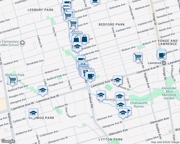 map of restaurants, bars, coffee shops, grocery stores, and more near 40 Sylvan Valleyway in Toronto