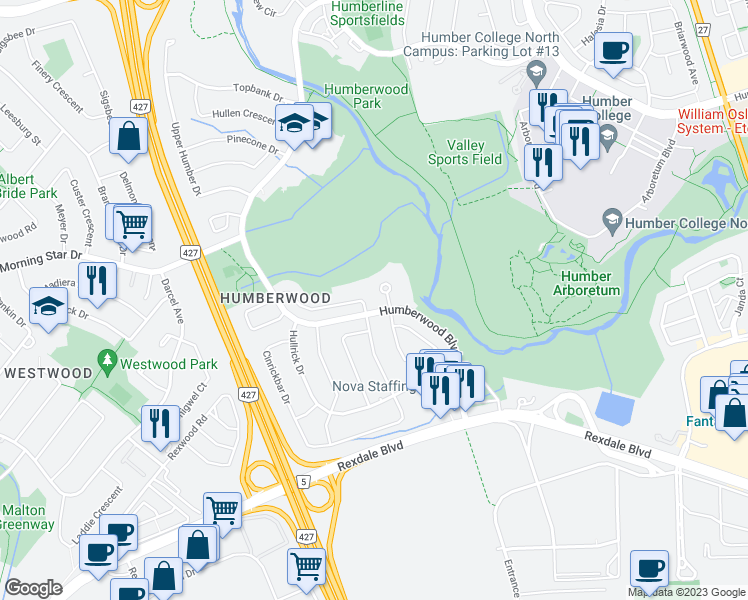 map of restaurants, bars, coffee shops, grocery stores, and more near 52 Secretariat Drive in Toronto