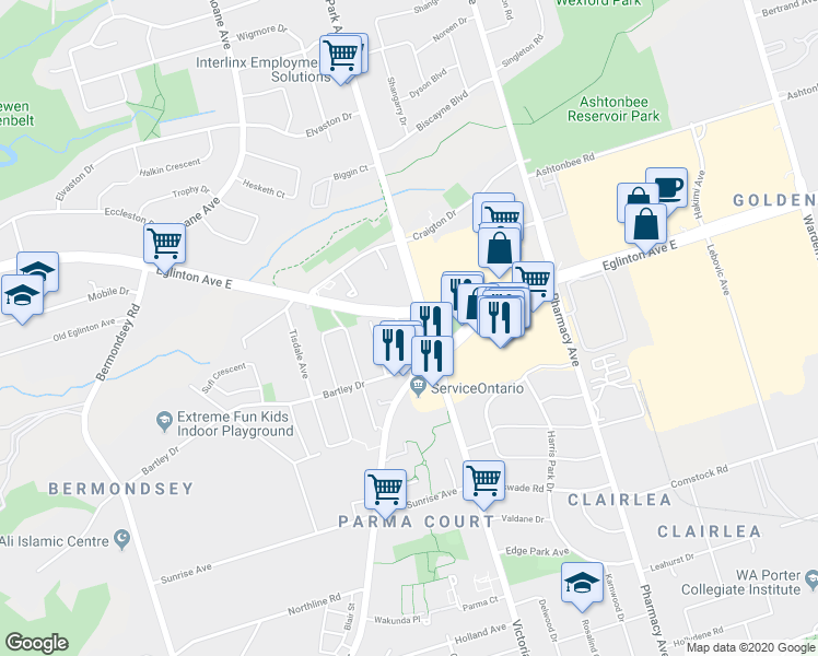 map of restaurants, bars, coffee shops, grocery stores, and more near 57 Cranborne Avenue in Toronto