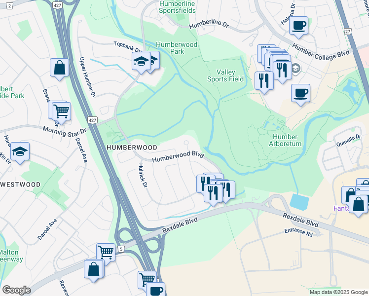 map of restaurants, bars, coffee shops, grocery stores, and more near 47 Thoroughbred Crescent in Toronto