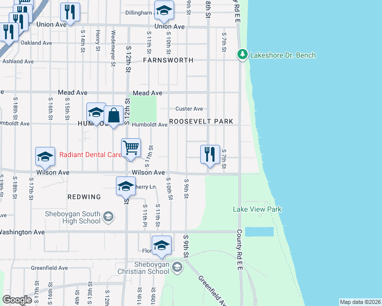 map of restaurants, bars, coffee shops, grocery stores, and more near 824 Jackson Avenue in Sheboygan