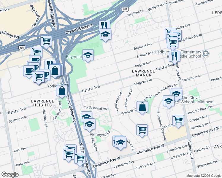 map of restaurants, bars, coffee shops, grocery stores, and more near 24 Green Gardens Boulevard in Toronto
